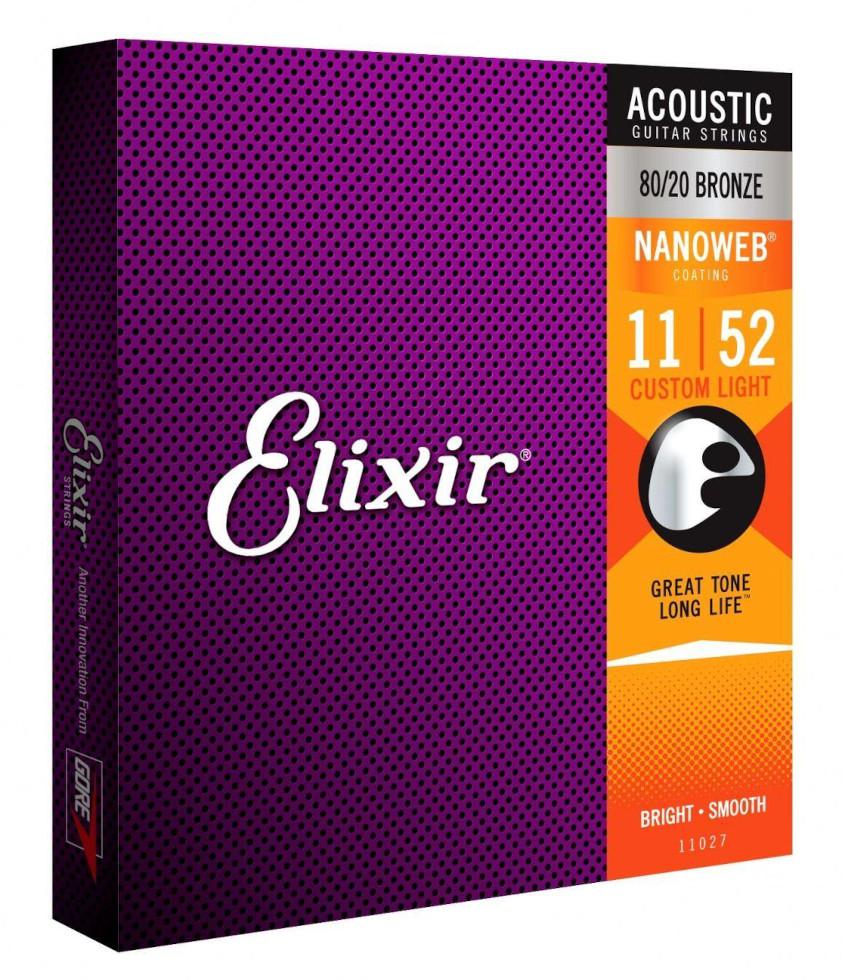 Elixir 11027 NanoWeb Bronze Custom Light 11-52 - Komplet strun do gitary akustycznej o przedłużonej żywotności