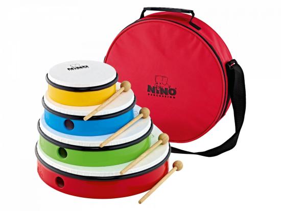 NINO Percussion NINOSET6 Hand Drum Set - Zestaw czterech bębenków z pałeczkami z tworzywa zapakowany w torbę transportową NINO Percussion NINOSET6 Hand Drum Set - Zestaw czterech bębenków z pałeczkami z tworzywa zapakowany w torbę transportową